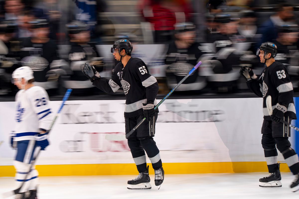 Los Angeles Kings right wing Quinton Byfield (55) celebrating a goal assisted by Jared Wright (53) during an NHL hockey game against the Toronto Maple Leafs on April 4th, 2026 in Los Angeles, CA.