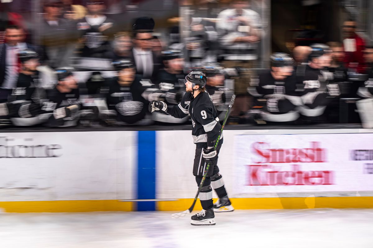 Los Angeles Kings right wing Adrian Kempe (9) celebrating a goal with his team during an NHL hockey game against the Toronto Maple Leafs on April 4th, 2026 in Los Angeles, CA.