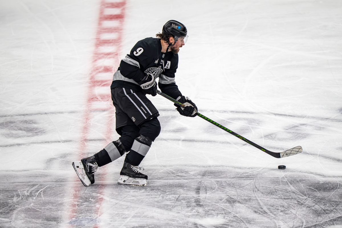 Los Angeles Kings right wing Adrian Kempe (9) skating with the puck during an NHL hockey game against the Toronto Maple Leafs on April 4th, 2026 in Los Angeles, CA.