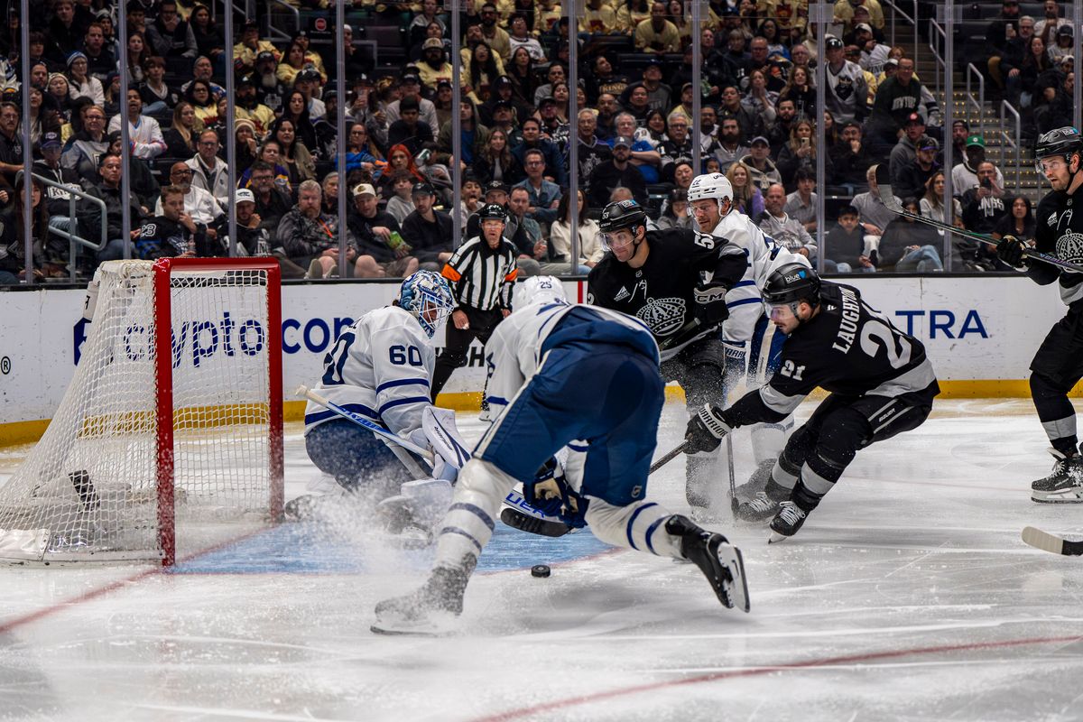 Toronto Maple Leafs goalie Joseph Woll (60) blocking a goal attempt during an NHL hockey game against the Los Angeles Kings on April 4th, 2026 in Los Angeles, CA.