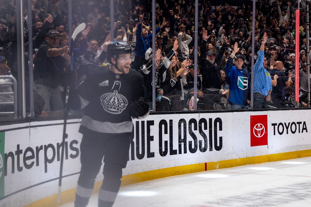 Los Angeles Kings center Scott Laughton (21) celebrating a goal assist during an NHL hockey game against the Toronto Maple Leafs on April 4th, 2026 in Los Angeles, CA.