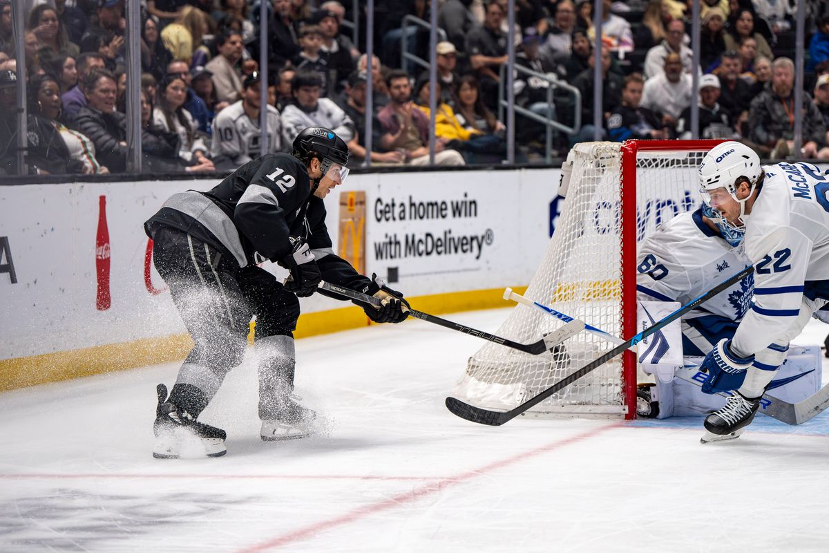 Los Angeles Kings left wing Trevor Moore (12) attempting a goal during an NHL hockey game against the Toronto Maple Leafs on April 4th, 2026 in Los Angeles, CA.