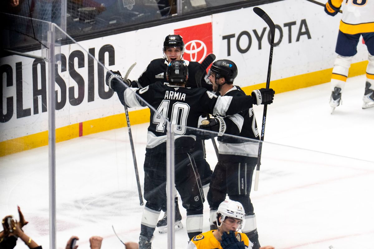 Los Angeles Kings RW Joel Armia (40) celebrates his goal with his teammates during an NHL game against the Nashville Predators, Monday April 6th, 2026 in Los Angeles, California. Los Angeles Kings RW Joel Armia (40) celebrates his goal with his teammates during an NHL game against the Nashville Predators, Monday April 6th, 2026 in Los Angeles, California.