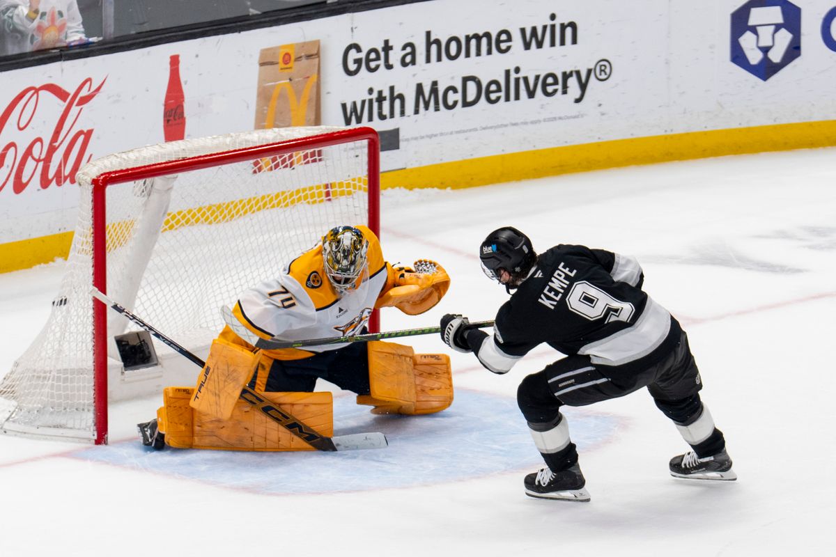 Los Angeles Kings RW Adrian Kempe (9) scores the game winning goal in the shootout during an NHL game against the Nashville Predators, Monday April 6th, 2026 in Los Angeles, California. Los Angeles Kings RW Adrian Kempe (9) scores the game winning goal in the shootout during an NHL game against the Nashville Predators, Monday April 6th, 2026 in Los Angeles, California.