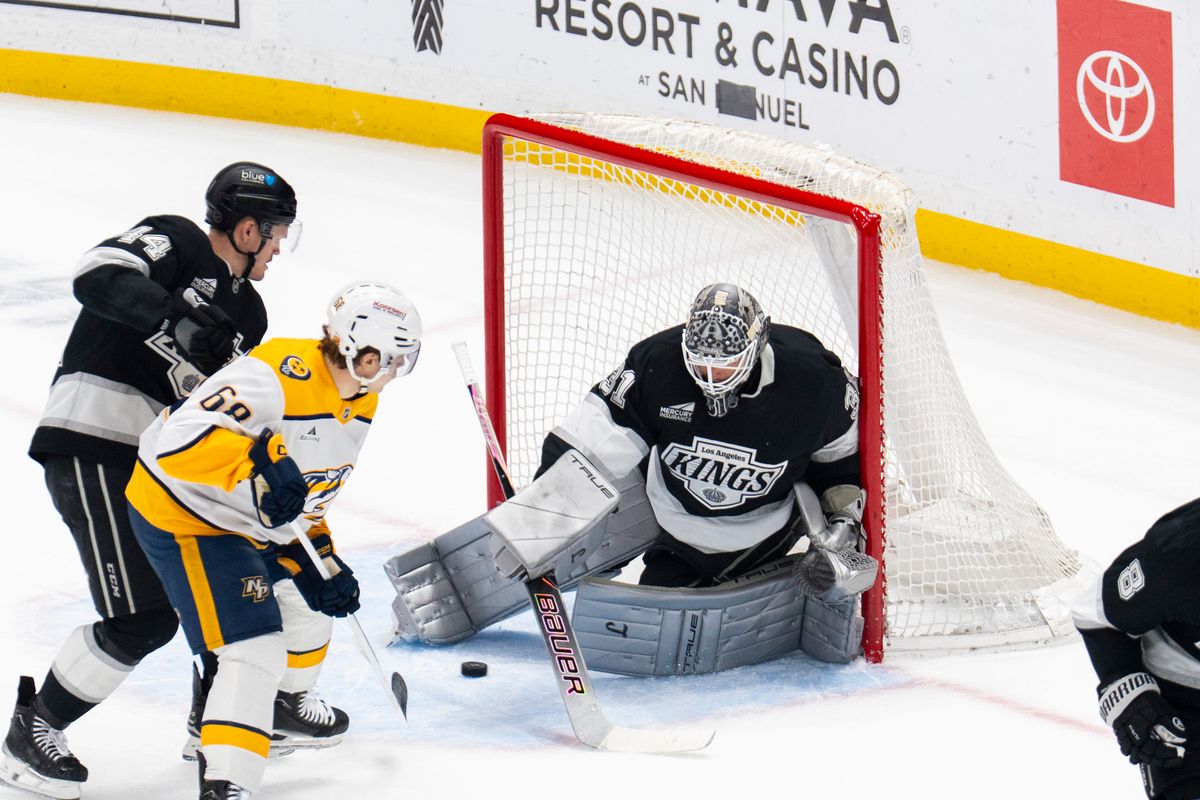 Los Angeles Kings Goalie Anton Forsberg (31) stops the puck during an NHL game against the Nashville Predators, Monday April 6th, 2026 in Los Angeles, California. Los Angeles Kings Goalie Anton Forsberg (31) stops the puck during an NHL game against the Nashville Predators, Monday April 6th, 2026 in Los Angeles, California.