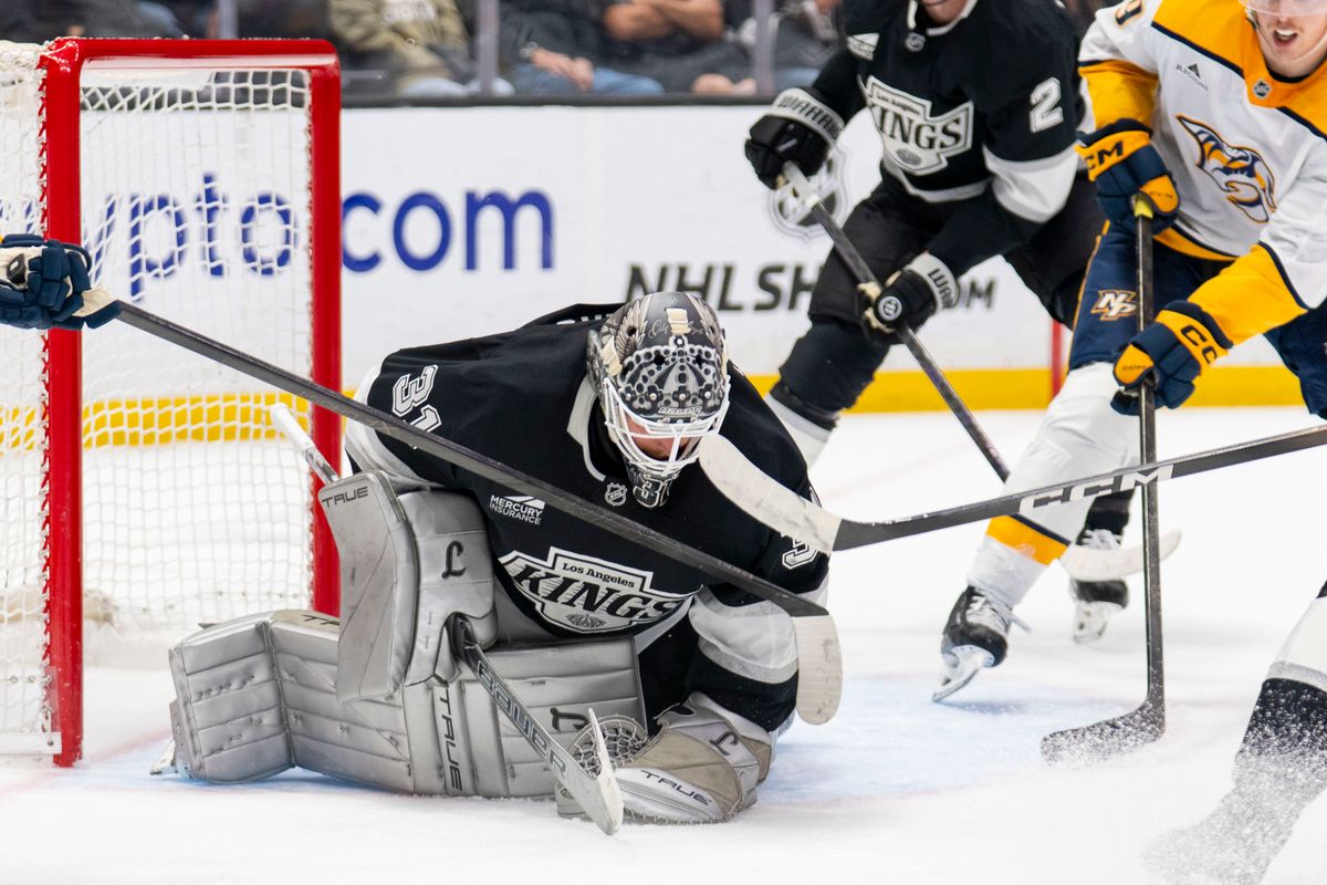 Los Angeles Kings Goalie Anton Forsberg (31) stops the puck during an NHL game against the Nashville Predators, Monday April 6th, 2026 in Los Angeles, California. Los Angeles Kings Goalie Anton Forsberg (31) stops the puck during an NHL game against the Nashville Predators, Monday April 6th, 2026 in Los Angeles, California.