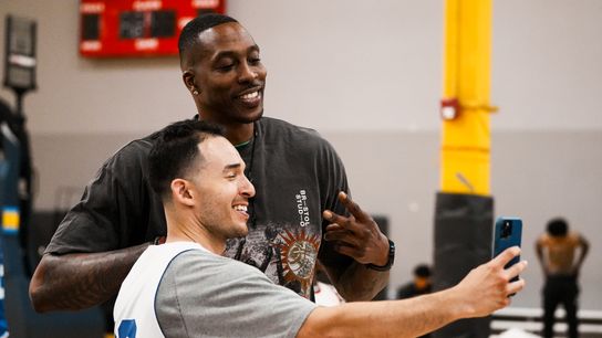 Dwight Howard takes a photo with Big3 combine participant following the Big3 combine on Thursday May 7, 2026 at Las Vegas Basketball Center in Las Vegas.