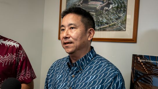 Stadium Authority Chair Eric Fujimoto addresses the media. Stadium Authority Chair Eric Fujimoto addresses the media.