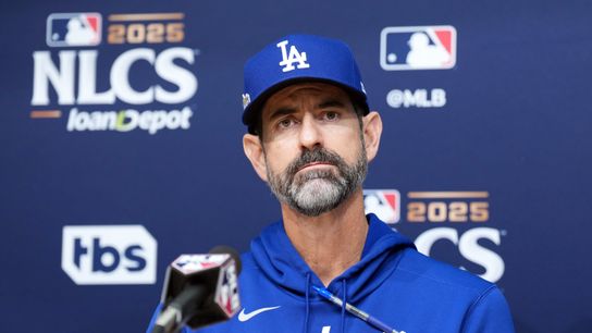 Los Angeles Dodgers pitching coach Mark Prior (99) speaks in a press conference before game three against the Milwaukee Brewers in the NLCS round for the 2025 MLB playoffs at Dodger Stadium. Los Angeles Dodgers pitching coach Mark Prior (99) speaks in a press conference before game three against the Milwaukee Brewers in the NLCS round for the 2025 MLB playoffs at Dodger Stadium.