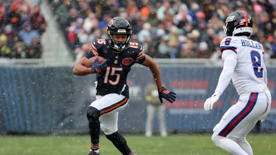 Nov 9, 2025; Chicago, Illinois, USA; Chicago Bears wide receiver Rome Odunze (15) makes a catch against New York Giants safety Jevon Holland (8) during the first half at Soldier Field.