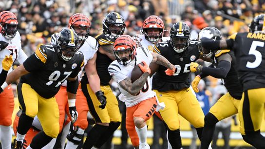 Nov 16, 2025; Pittsburgh, Pennsylvania, USA; Cincinnati Bengals running back Chase Brown (30) runs with the ball against the Pittsburgh Steelers during the first half at Acrisure Stadium.