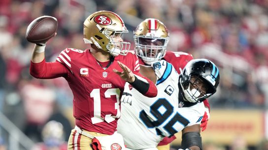 Nov 24, 2025; Santa Clara, California, USA; San Francisco 49ers quarterback Brock Purdy (13) drops back to pass against the Carolina Panthers during the first half at Levi's Stadium.