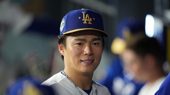 Straight Talk: Yamamoto meets media after victory on Opening Day taken at Dodger Stadium (Los Angeles Dodgers)