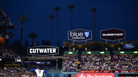 Los Angeles Dodgers two-way player Shohei Ohtani (17) throws to the plate during the first inning against the Cleveland Guardians at Dodger Stadium. Los Angeles Dodgers two-way player Shohei Ohtani (17) throws to the plate during the first inning against the Cleveland Guardians at Dodger Stadium.