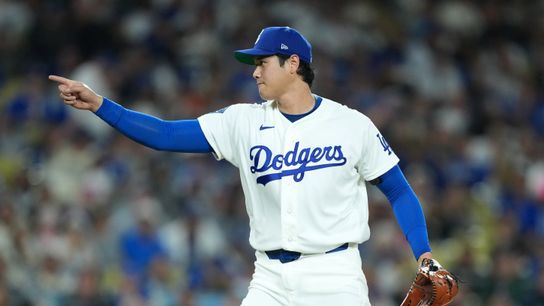 Shohei Ohtani delivers on Jackie Robinson Day taken at Dodger Stadium (Los Angeles Dodgers). Photo by Kirby Lee-Imagn Images