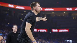 Luka Dončić begins running, but not cleared for contact heading into Game 2 taken in Oklahoma City (Los Angeles Lakers). Photo by Alonzo Adams-Imagn Images