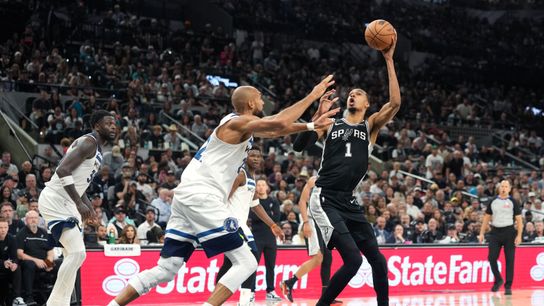 May 12, 2026; San Antonio, Texas, USA; San Antonio Spurs forward Victor Wembanyama (1) fakes to shoot over Minnesota Timberwolves center Rudy Gobert (27) during the second half of game five of the second round of the 2026 NBA Playoffs at Frost Bank Center. May 12, 2026; San Antonio, Texas, USA; San Antonio Spurs forward Victor Wembanyama (1) fakes to shoot over Minnesota Timberwolves center Rudy Gobert (27) during the second half of game five of the second round of the 2026 NBA Playoffs at Frost Bank Center.