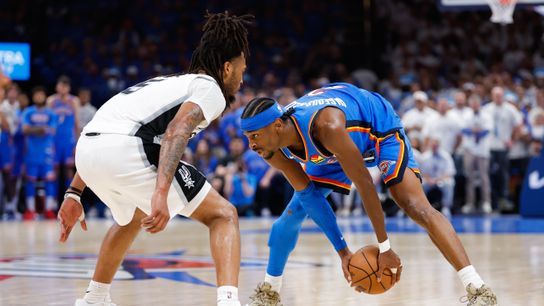 May 20, 2026; Oklahoma City, Oklahoma, USA; Oklahoma City Thunder guard Shai Gilgeous-Alexander (2) looks to pass as San Antonio Spurs guard Stephon Castle (5) defends during the fourth quarter during game two of the western conference finals for the 2026 NBA playoffs at Paycom Center. May 20, 2026; Oklahoma City, Oklahoma, USA; Oklahoma City Thunder guard Shai Gilgeous-Alexander (2) looks to pass as San Antonio Spurs guard Stephon Castle (5) defends during the fourth quarter during game two of the western conference finals for the 2026 NBA playoffs at Paycom Center.
