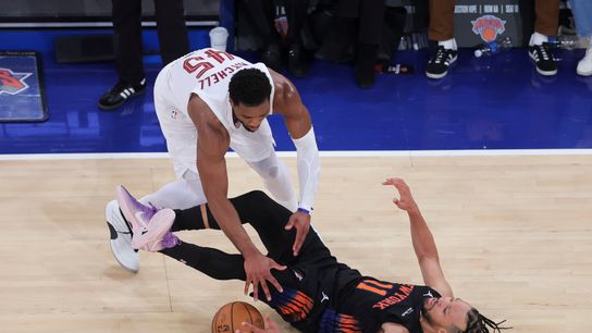 May 21, 2026; New York, New York, USA; Cleveland Cavaliers guard Donovan Mitchell (45) collides with New York Knicks guard Jalen Brunson (11) during the fourth quarter of game two of the eastern conference finals during the 2026 NBA at Madison Square Garden. May 21, 2026; New York, New York, USA; Cleveland Cavaliers guard Donovan Mitchell (45) collides with New York Knicks guard Jalen Brunson (11) during the fourth quarter of game two of the eastern conference finals during the 2026 NBA at Madison Square Garden.