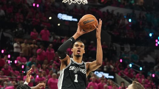 May 22, 2026; San Antonio, Texas, USA; San Antonio Spurs forward Victor Wembanyama (1) shoots the ball against the Oklahoma City Thunder in the second half during game three of the western conference finals for the 2026 NBA playoffs at Frost Bank Center. 