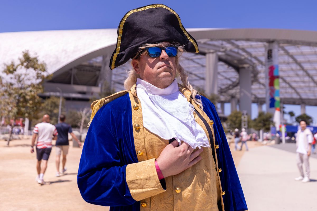 A United States fan dressed as George Washington stands at attention outside of SoFi Stadium before a 2026 FIFA World Cup match between the United States and Paraguay, Friday June 12, 2026 in Inglewood, Calif. A United States fan dressed as George Washington stands at attention outside of SoFi Stadium before a 2026 FIFA World Cup match between the United States and Paraguay, Friday June 12, 2026 in Inglewood, Calif.