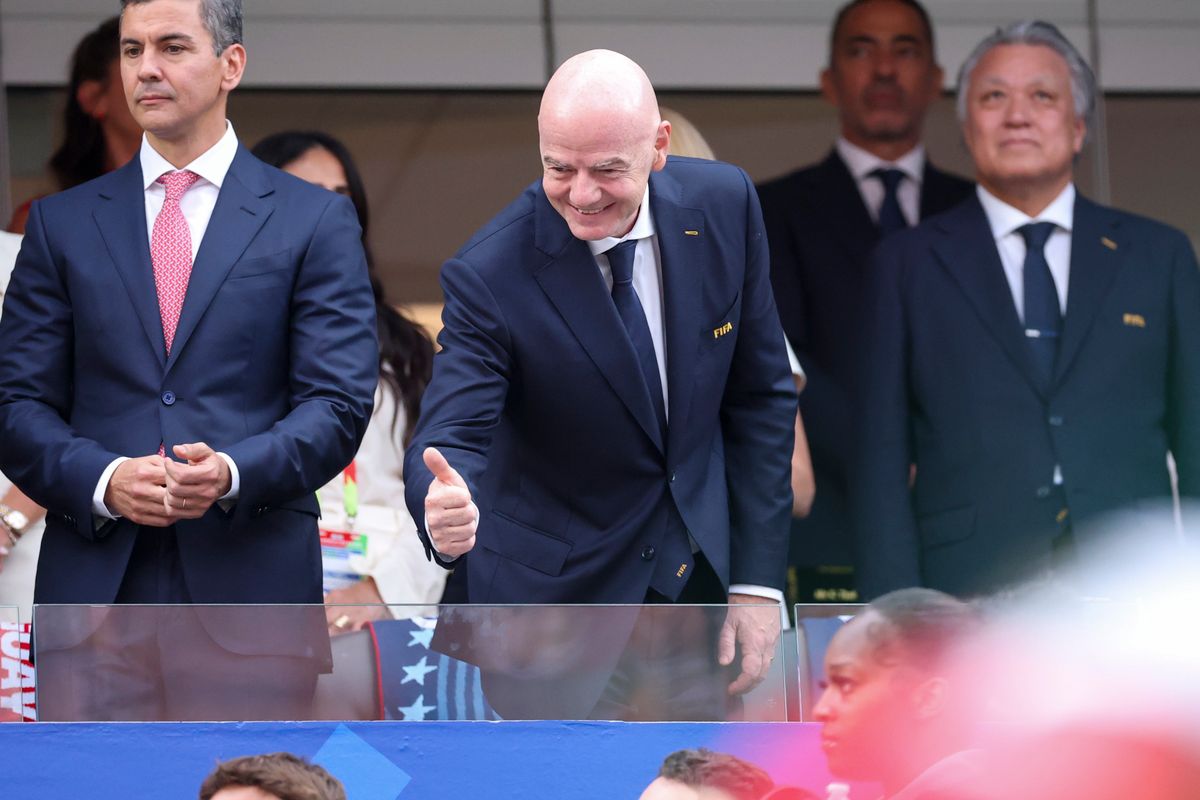 FIFA president Gianni Infantino gives fans a thumbs up before a 2026 FIFA World Cup match between the United States and Paraguay, Friday June 12, 2026 in Inglewood, Calif. FIFA president Gianni Infantino gives fans a thumbs up before a 2026 FIFA World Cup match between the United States and Paraguay, Friday June 12, 2026 in Inglewood, Calif.