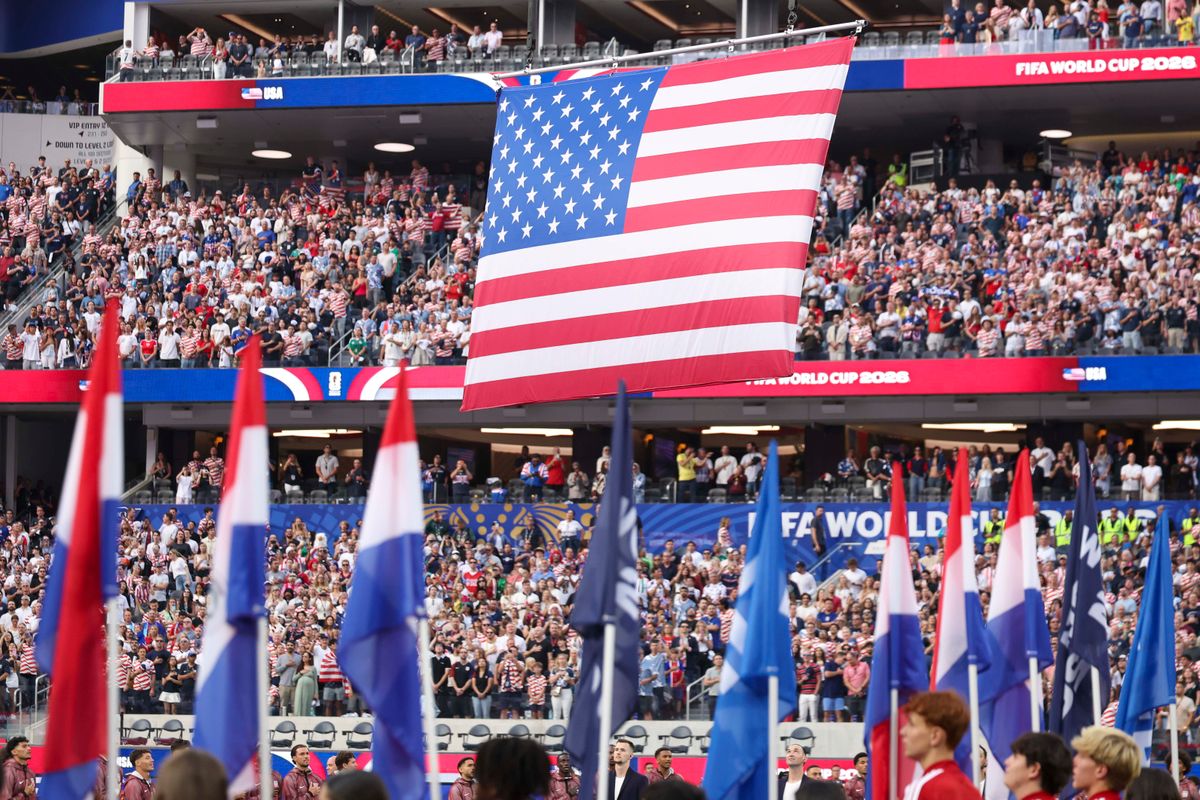 The flag of the United States is raised during the national anthem before a 2026 FIFA World Cup match between the United States and Paraguay, Friday June 12, 2026 in Inglewood, Calif. The flag of the United States is raised during the national anthem before a 2026 FIFA World Cup match between the United States and Paraguay, Friday June 12, 2026 in Inglewood, Calif.