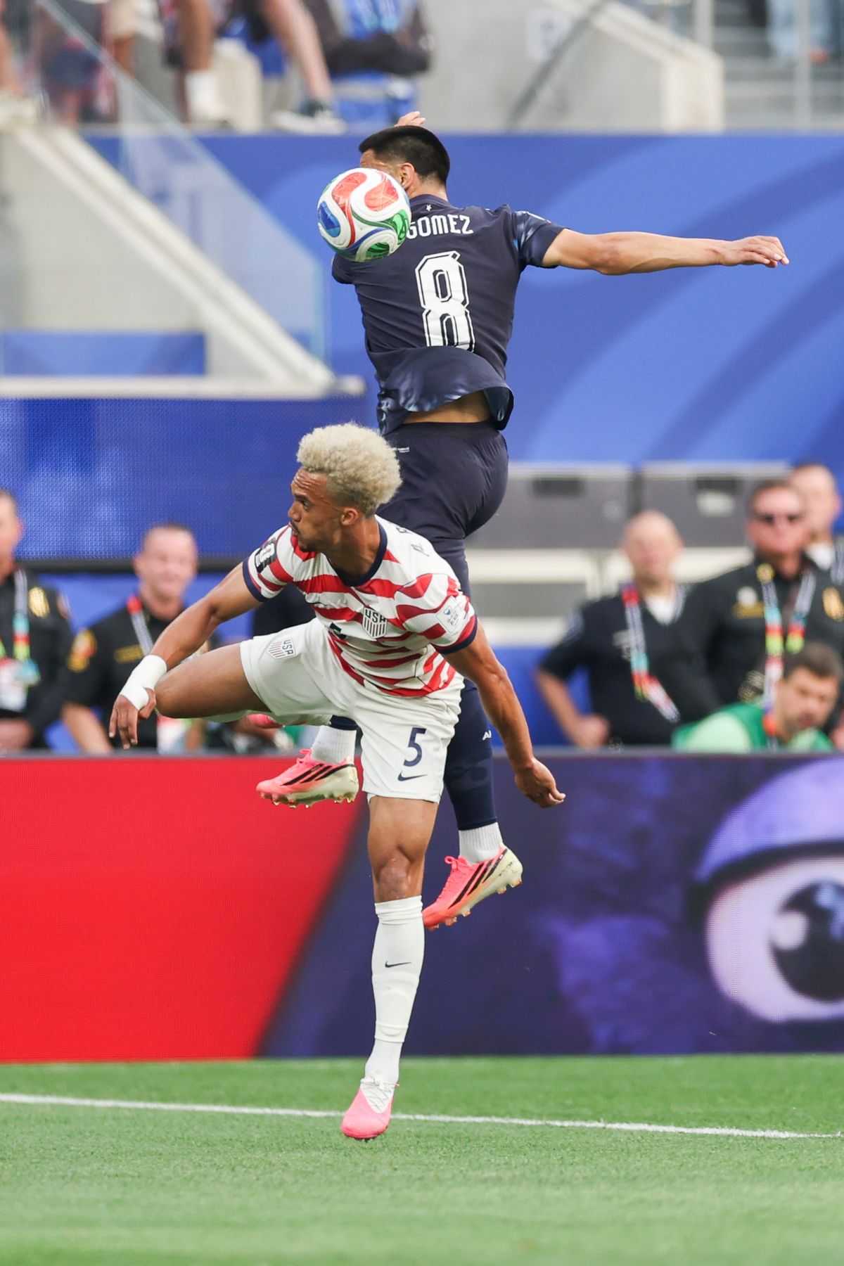 Antonee Robinson #5 of United States and Diego Gómez #8 of Paraguay compete for a ball during a 2026 FIFA World Cup match, Friday June 12, 2026 in Inglewood, Calif. Antonee Robinson #5 of United States and Diego Gómez #8 of Paraguay compete for a ball during a 2026 FIFA World Cup match, Friday June 12, 2026 in Inglewood, Calif.