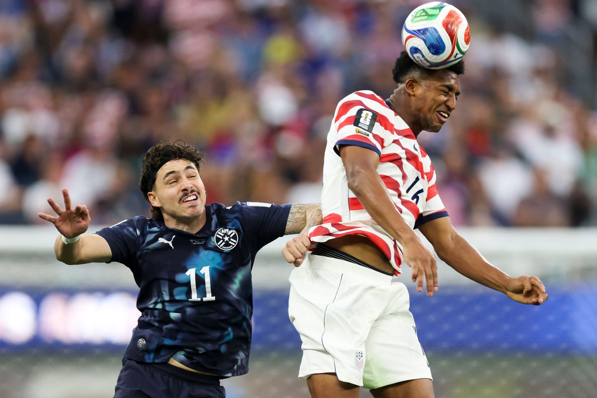 Alex Freeman #16 of United States and Maurício #11 of Paraguay compete for a ball during a 2026 FIFA World Cup match, Friday June 12, 2026 in Inglewood, Calif. Alex Freeman #16 of United States and Maurício #11 of Paraguay compete for a ball during a 2026 FIFA World Cup match, Friday June 12, 2026 in Inglewood, Calif.