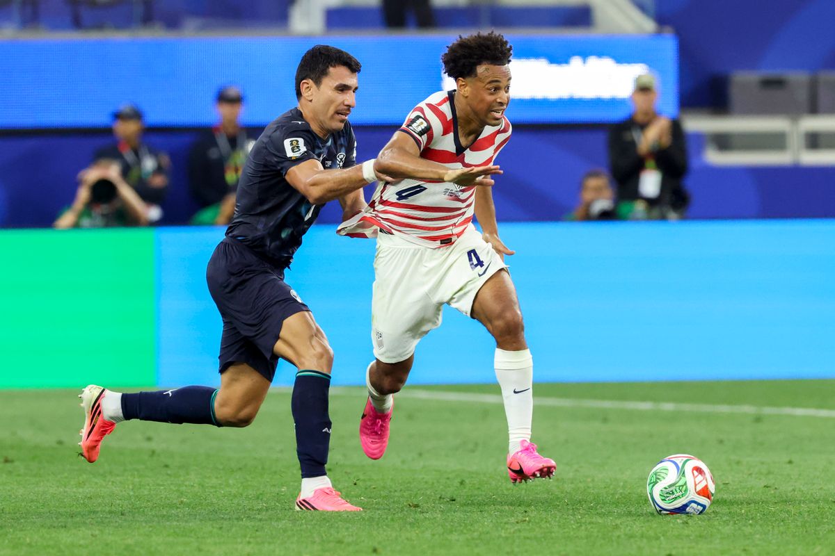 Junior Alonso #6 of Paraguay pulls the jersey of Tyler Adams #4 of United States as he chases the ball during a 2026 FIFA World Cup match, Friday June 12, 2026 in Inglewood, Calif. Junior Alonso #6 of Paraguay pulls the jersey of Tyler Adams #4 of United States as he chases the ball during a 2026 FIFA World Cup match, Friday June 12, 2026 in Inglewood, Calif.