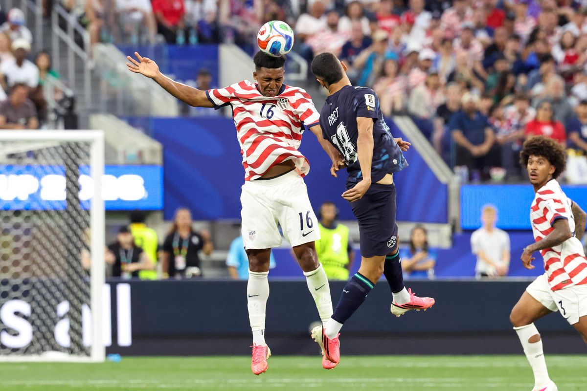 Alex Freeman #16 of United States and Álex Arce #18 of Paraguay compete for a ball during a 2026 FIFA World Cup match, Friday June 12, 2026 in Inglewood, Calif. Alex Freeman #16 of United States and Álex Arce #18 of Paraguay compete for a ball during a 2026 FIFA World Cup match, Friday June 12, 2026 in Inglewood, Calif.