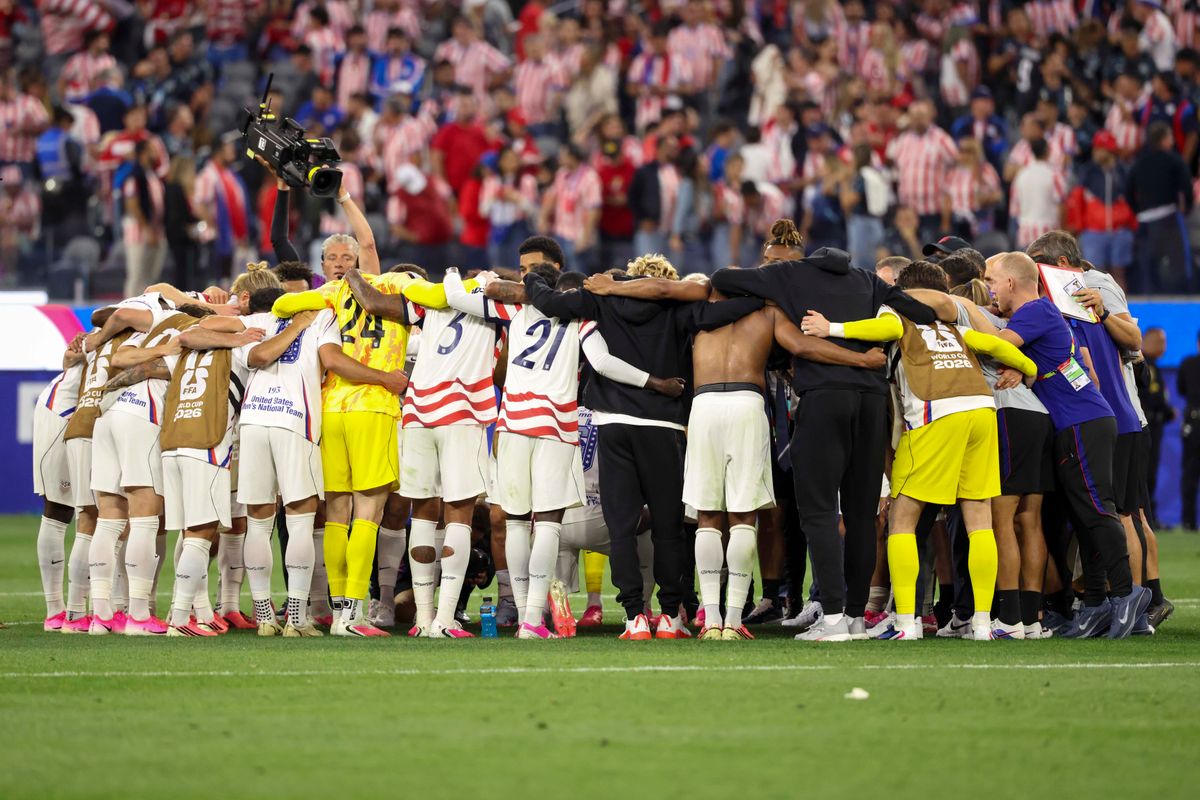 The United States huddles on the field after a group stage victory over Paraguay in the 2026 FIFA World Cup, Friday June 12, 2026 in Inglewood, Calif. The United States huddles on the field after a group stage victory over Paraguay in the 2026 FIFA World Cup, Friday June 12, 2026 in Inglewood, Calif.
