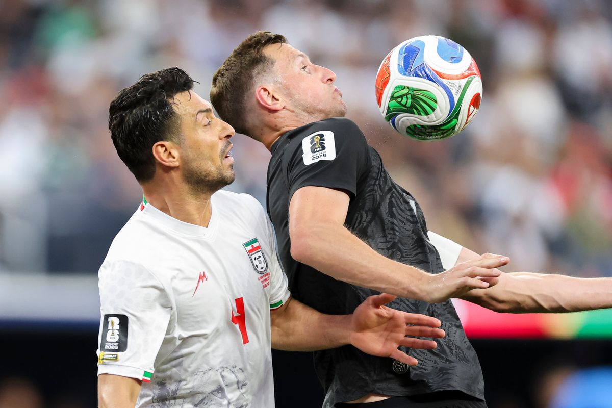 Shoja Khalilzadeh #4 of Iran and Chris Wood #9 of New Zealand battle for the ball during a 2026 FIFA World Cup match, Monday June 15, 2026 in Inglewood, Calif. Shoja Khalilzadeh #4 of Iran and Chris Wood #9 of New Zealand battle for the ball during a 2026 FIFA World Cup match, Monday June 15, 2026 in Inglewood, Calif.