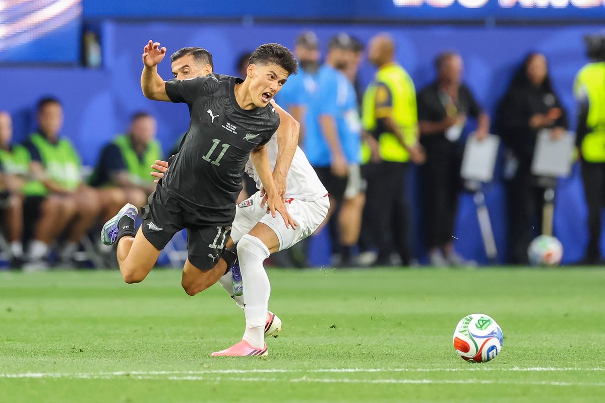 Elijah Just #11 of New Zealand gets tripped while chasing the ball during a 2026 FIFA World Cup match against Iran, Monday June 15, 2026 in Inglewood, Calif. Elijah Just #11 of New Zealand gets tripped while chasing the ball during a 2026 FIFA World Cup match against Iran, Monday June 15, 2026 in Inglewood, Calif.