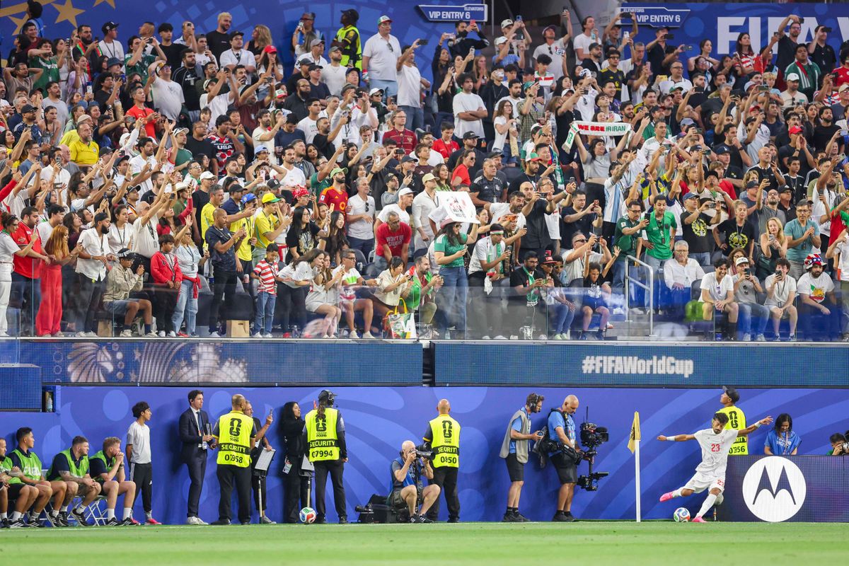 Ramin Rezaeian #23 of Iran takes a corner kick as fans look on during a FIFA World Cup 2026 match against New Zealand, Monday June 15, 2026 in Inglewood, Calif. Ramin Rezaeian #23 of Iran takes a corner kick as fans look on during a FIFA World Cup 2026 match against New Zealand, Monday June 15, 2026 in Inglewood, Calif.