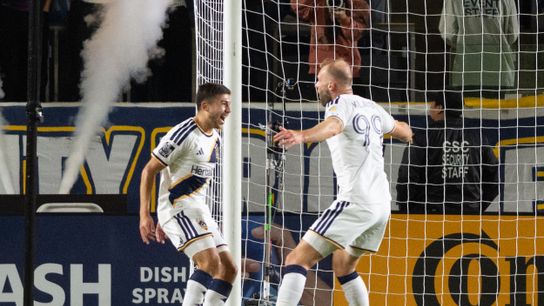 LA Galaxy midfielder Lucas Sanabria (8) celebrates with forward João Klauss (99) after scoring a goal during an MLS game between LA Galaxy and Charlotte FC on Saturday, February 28, 2026 at Dignity Health Sports Park in Carson, Calif.