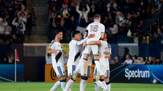 Los Angeles Galaxy celebrate the goal during an MLS soccer game against the Houston Dynamo FC, Saturday May 23rd, 2026 in Carson, California.