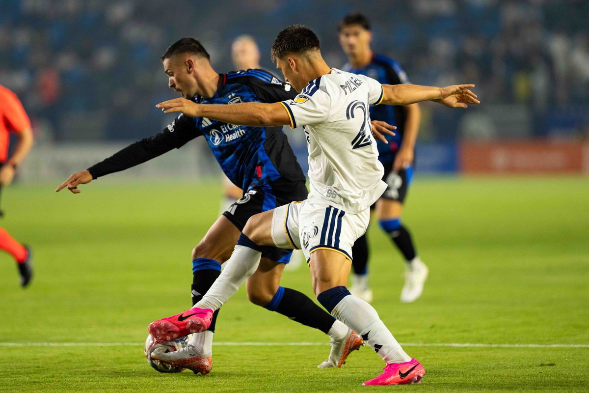 Los Angeles Galaxy defender Harbor Miller (26) fights for possession during an MLS game, against the San Jose Earthquakes on Wednesday August 19th, 2026 in Carson, Calif