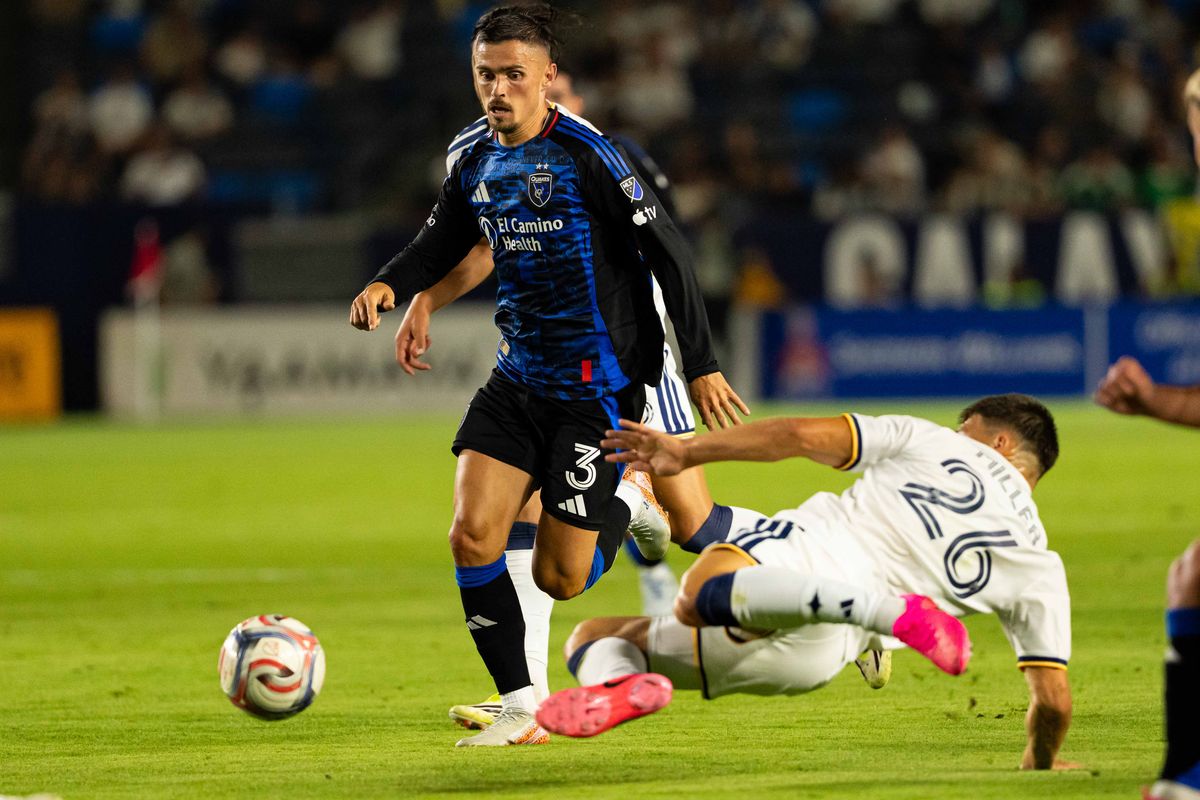 Los Angeles Galaxy defender Harbor Miller (26) goes for a tackle during an MLS game, against the San Jose Earthquakes on Wednesday August 19th, 2026 in Carson, Calif
