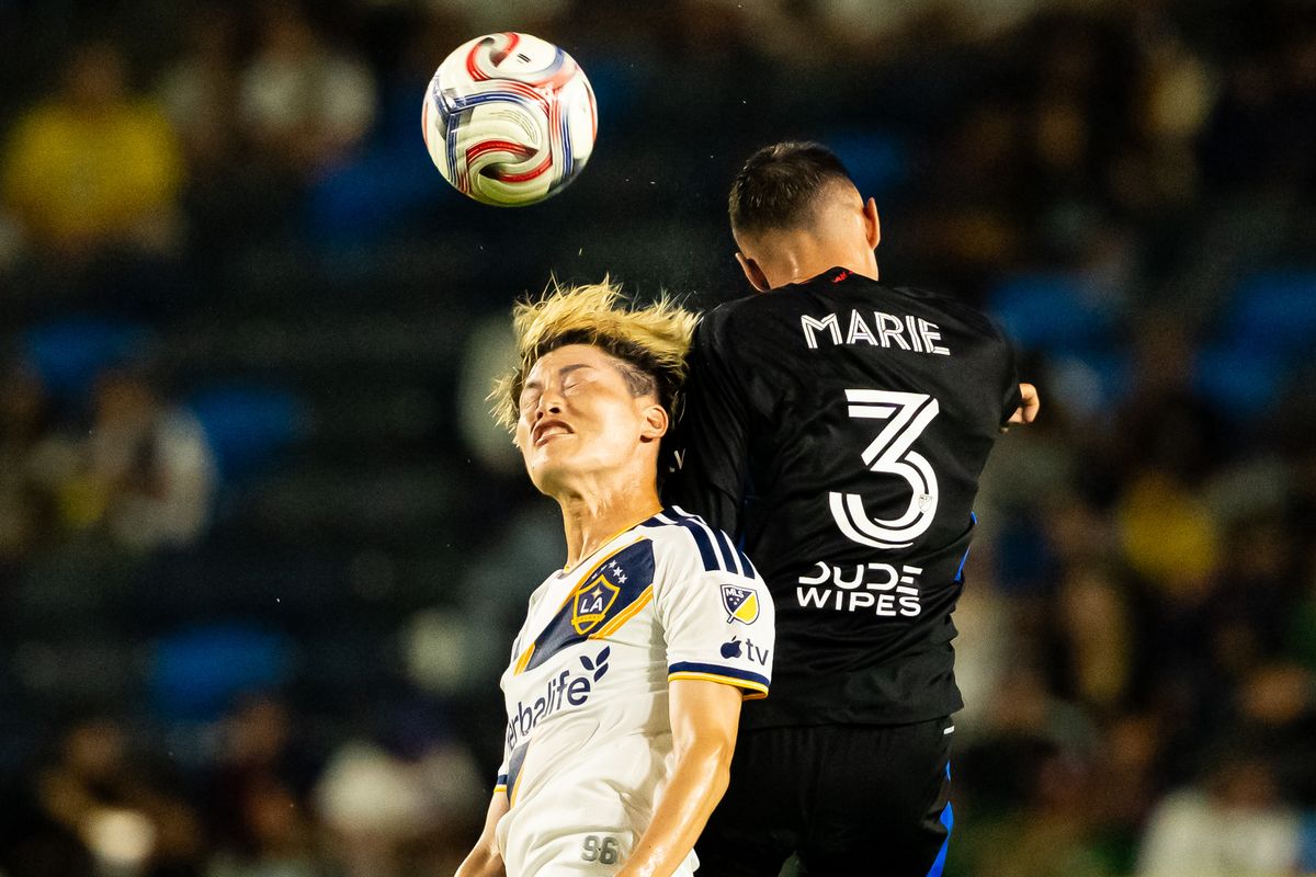 Los Angeles Galaxy forward Kyogo Furuhashi (7) take a header during an MLS game, against the San Jose Earthquakes on Wednesday August 19th, 2026 in Carson, Calif