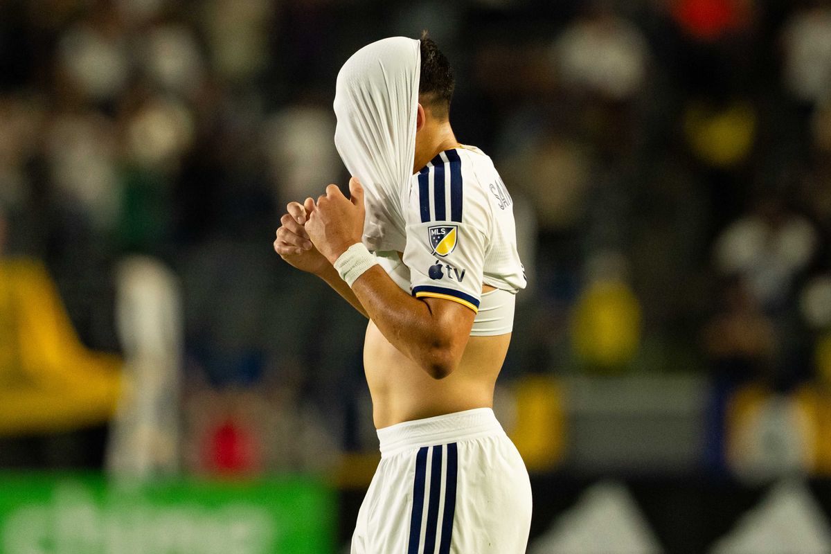 Los Angeles Galaxy midfielder Lucas Sanabria (8) in disbelief after receiving a red card during an MLS game, against the San Jose Earthquakes on Wednesday August 19th, 2026 in Carson, Calif