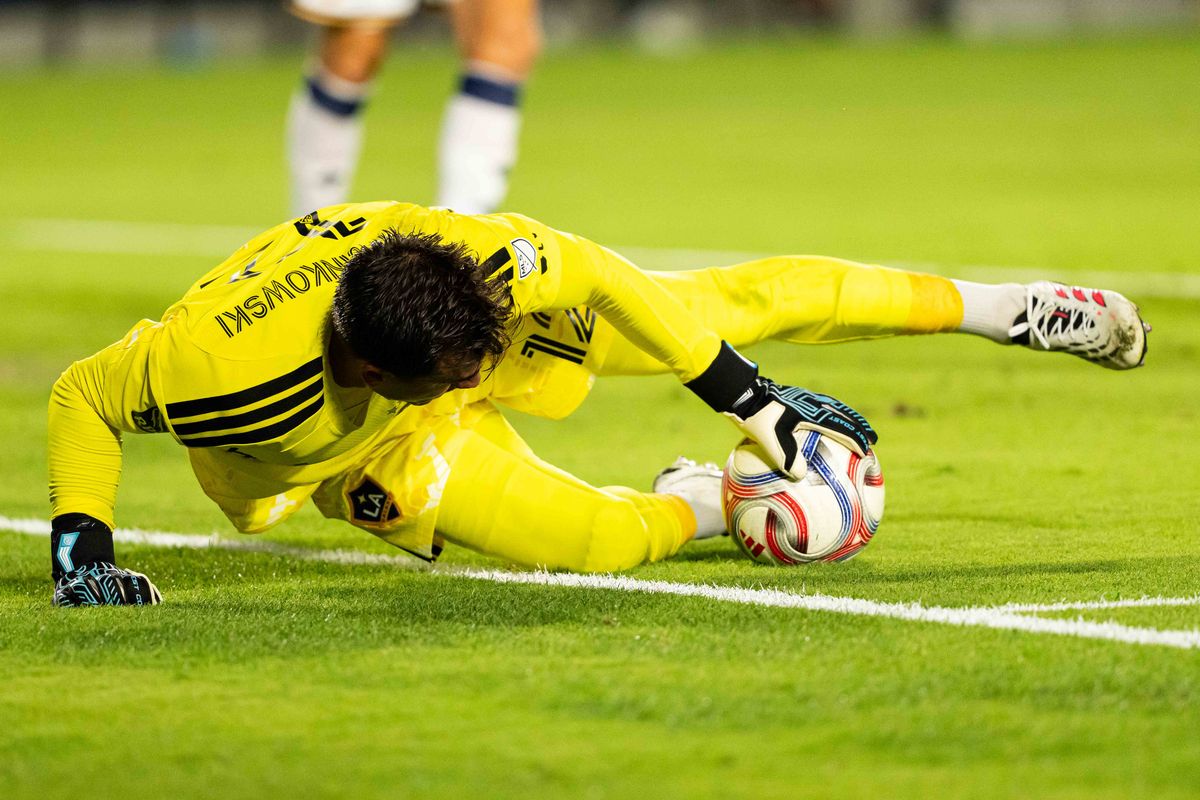 Los Angeles Galaxy goalkeeper JT Marcinkowski (12) makes a save during an MLS game, against the San Jose Earthquakes on Wednesday August 19th, 2026 in Carson, Calif