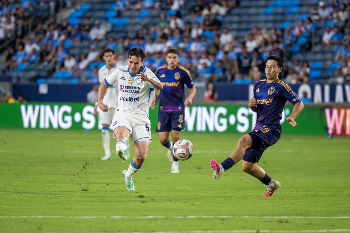 Cruz Azul midfielder Agustín Palavecino shoots and scores during a friendly soccer game against LA Galaxy, Sunday, October 4, 2026 in Carson, California.