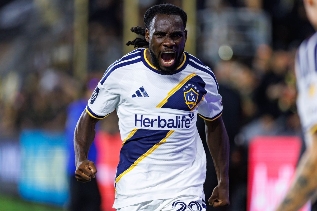 Joseph Paintsil #28 of LA Galaxy celebrates after scoring a goal during an MLS regular season match against LAFC on October 25, 2026 at BMO Stadium in Los Angeles, California.
