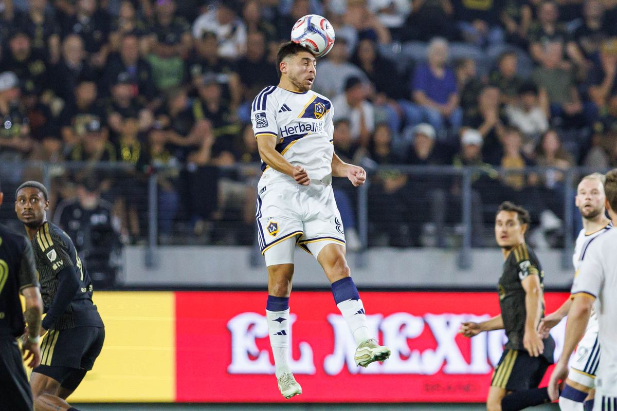 Lucas Sanabria #8 of LA Galaxy heads the ball during an MLS regular season match against LAFC on October 25, 2026 at BMO Stadium in Los Angeles, California.