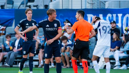 San Diego FC midfielder Jeppe Tverskov (6) argues with an official during an MLS game between Real Salt Lake and San Diego FC, Sunday March 22, 2026 in San Diego, Calif.