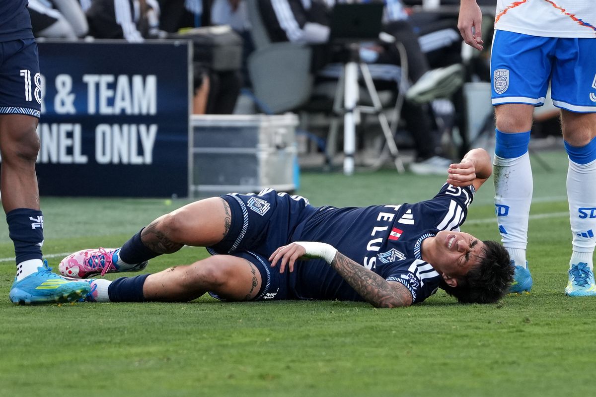 Vancouver Whitecaps forward Kenji Cabrera (17) lays on the field in pain during an MLS soccer game against the San Diego FC, Saturday May 23, 2026 in San Diego, California. Vancouver Whitecaps forward Kenji Cabrera (17) lays on the field in pain during an MLS soccer game against the San Diego FC, Saturday May 23, 2026 in San Diego, California.