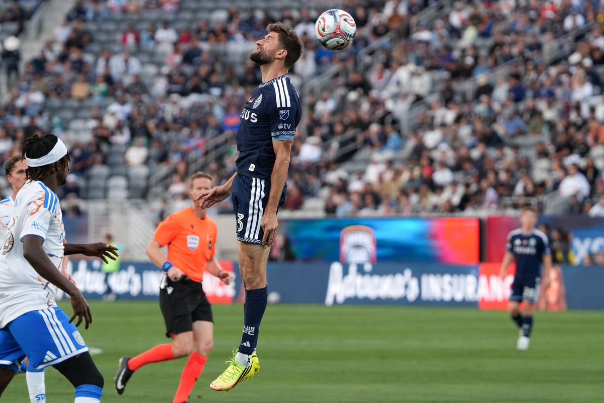 Vancouver Whitecaps forward Thomas Müller (13) heads the ball during an MLS soccer game against the San Diego FC, Saturday May 23, 2026 in San Diego, California. Vancouver Whitecaps forward Thomas Müller (13) heads the ball during an MLS soccer game against the San Diego FC, Saturday May 23, 2026 in San Diego, California.