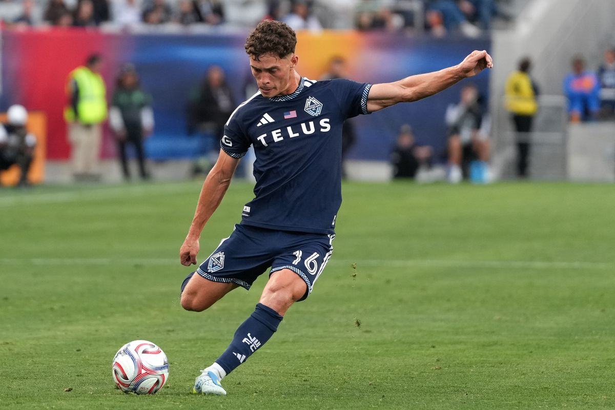 Vancouver Whitecaps midfielder Sebastian Berhalter (16) takes a free kick during an MLS soccer game against the San Diego FC, Saturday May 23, 2026 in San Diego, California. Vancouver Whitecaps midfielder Sebastian Berhalter (16) takes a free kick during an MLS soccer game against the San Diego FC, Saturday May 23, 2026 in San Diego, California.