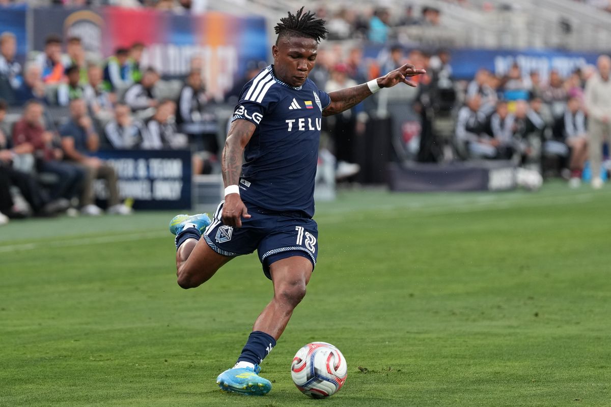 Vancouver Whitecaps defender Édier Ocampo (18) crosses the ball during an MLS soccer game against the San Diego FC, Saturday May 23, 2026 in San Diego, California. Vancouver Whitecaps defender Édier Ocampo (18) crosses the ball during an MLS soccer game against the San Diego FC, Saturday May 23, 2026 in San Diego, California.